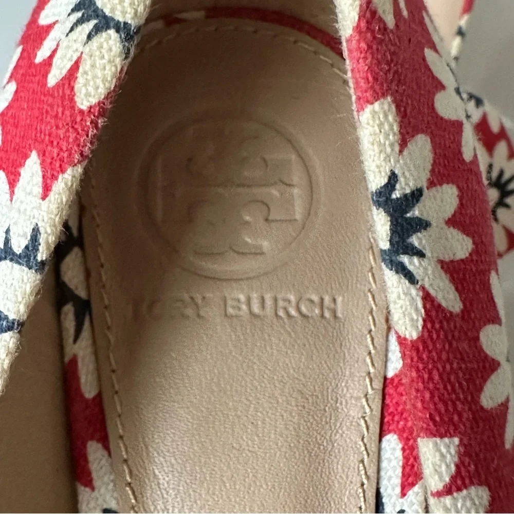 Tory Burch Dory Espadrille Wedge Red Floral Peep Toe Bow 6.5
